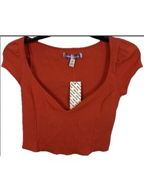 Urban Outfitters Ribbed Crop Top XS Orange Puff Sleeve NWT